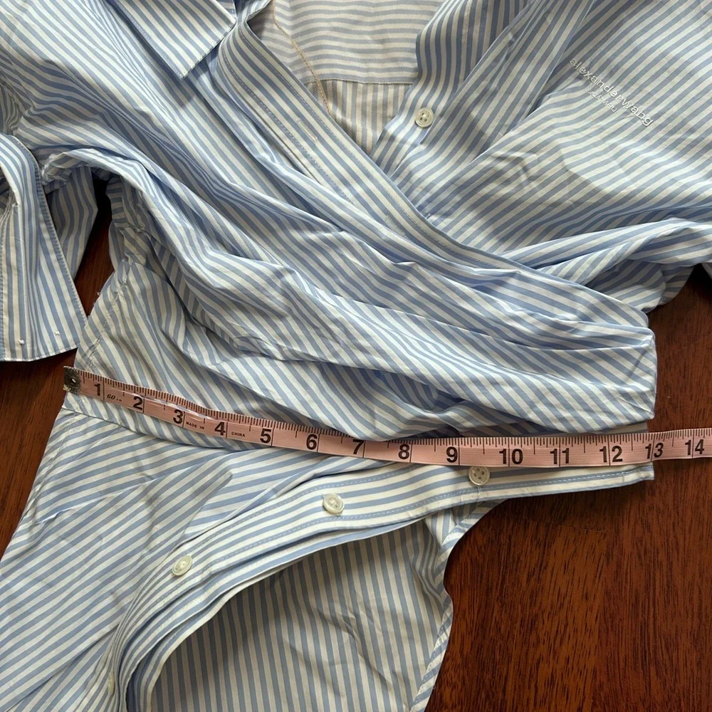 SOLD! Alexander Wang Off Shoulder Asymmetric Striped Mesh Accent Poplin Top 2 - Picture 14 of 17